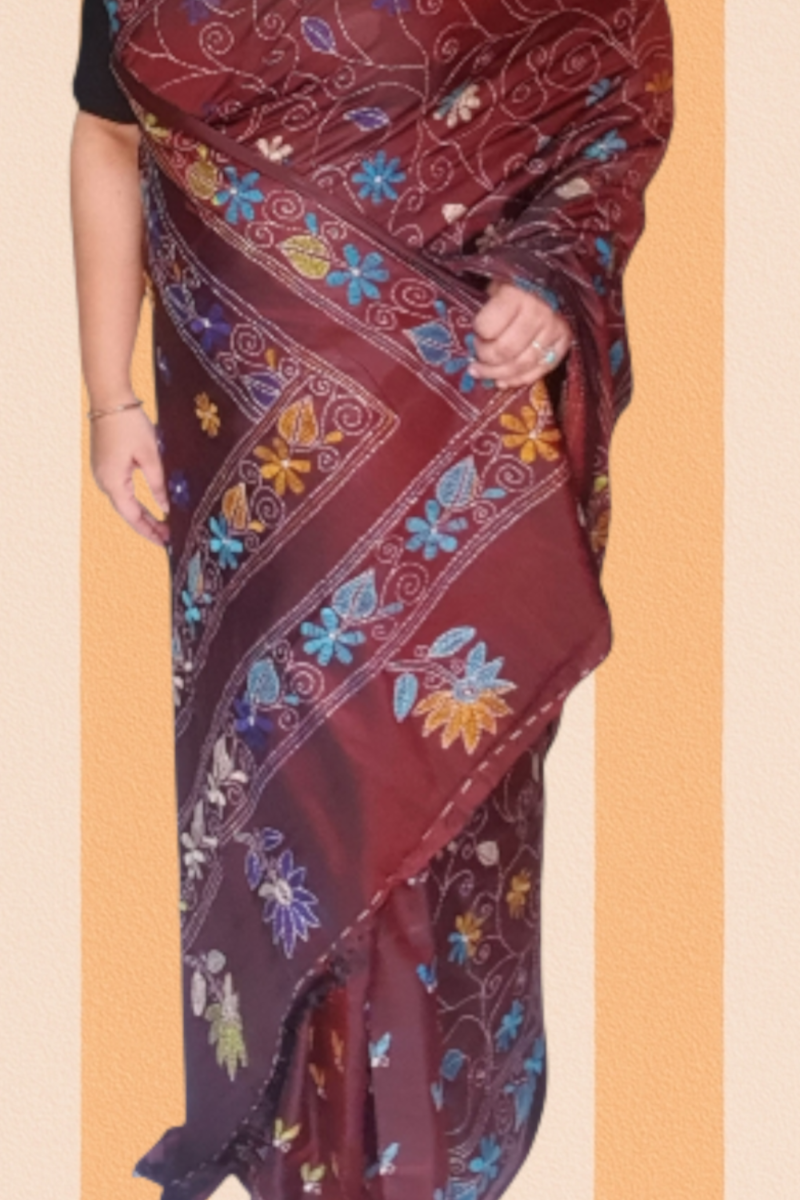 hand kantha stitch maroon saree