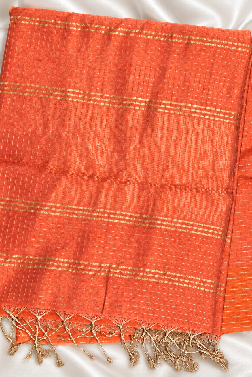Orange Zari checks Handwoven Pure Maheshwari Saree