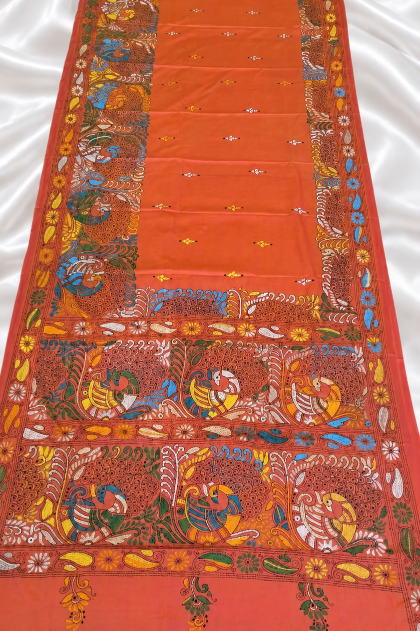 Orange full hand work kantha stitch saree