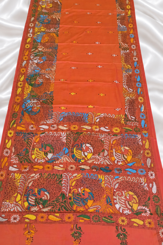 Orange full hand work kantha stitch saree