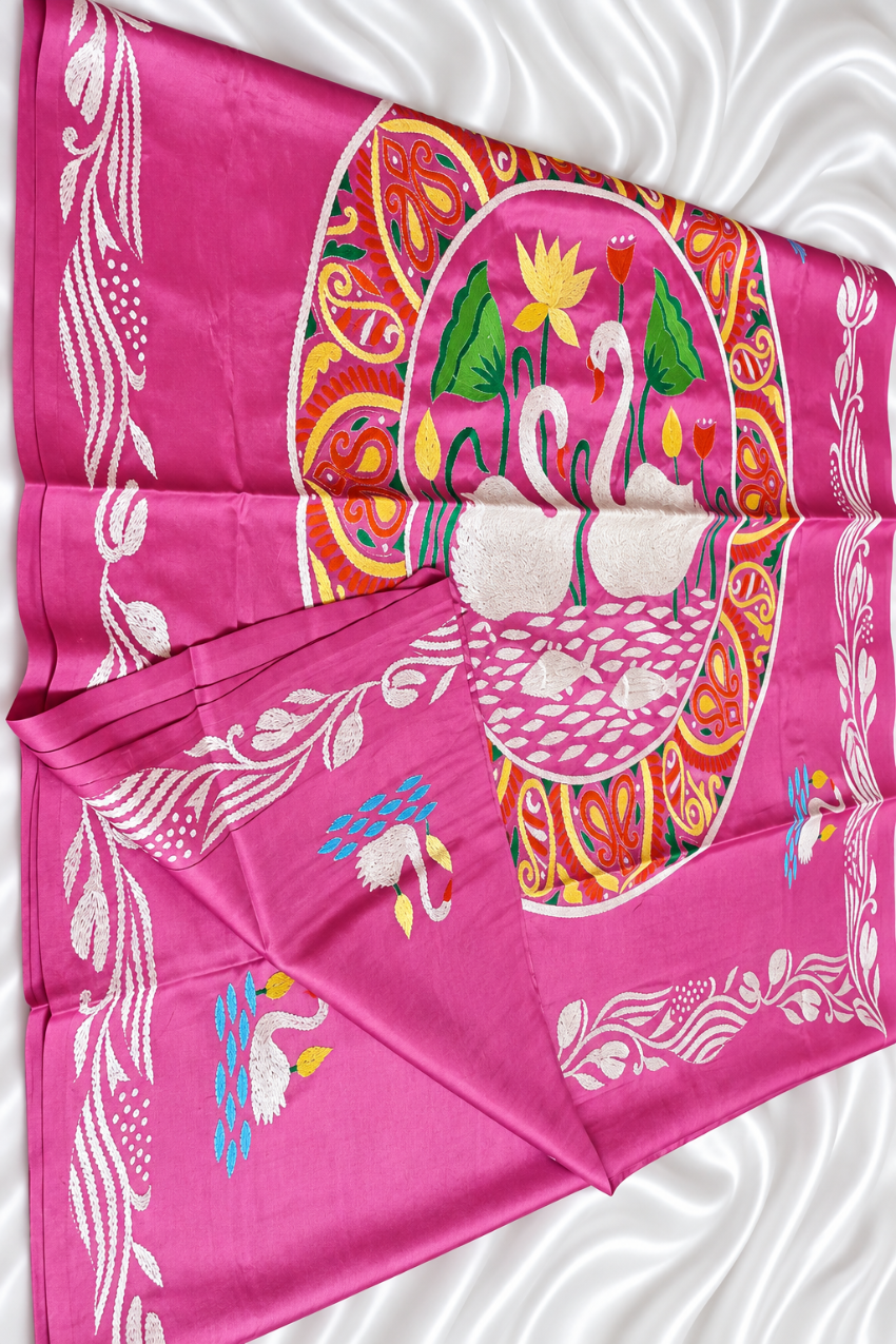 Pink Exclusive design pure handmade kantha saree1