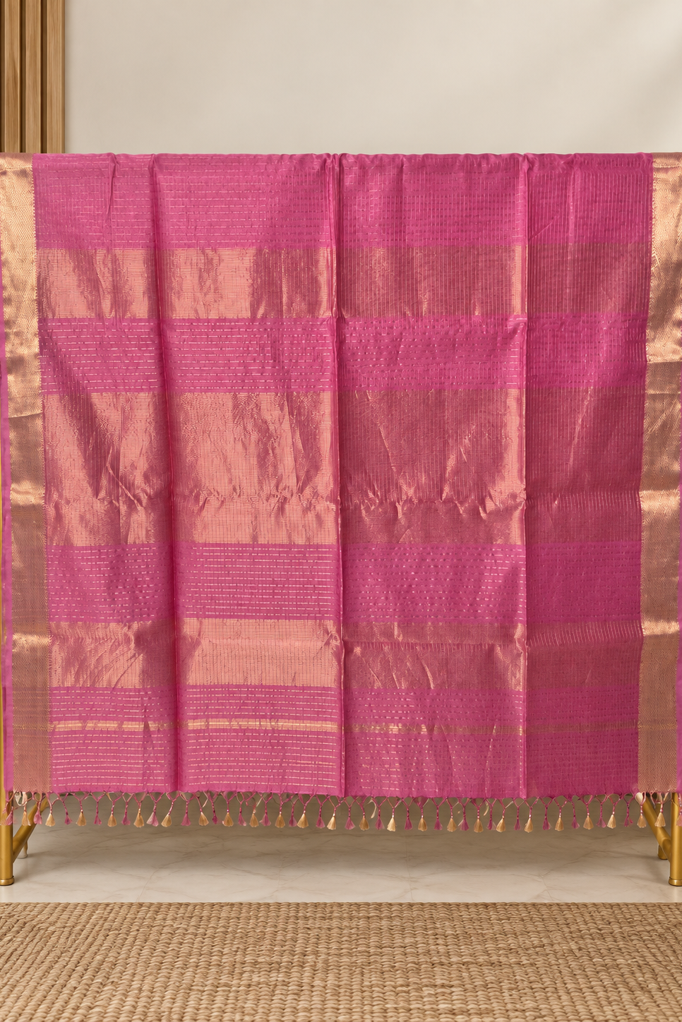 Pink Zari checks Handwoven Pure Maheshwari Saree 