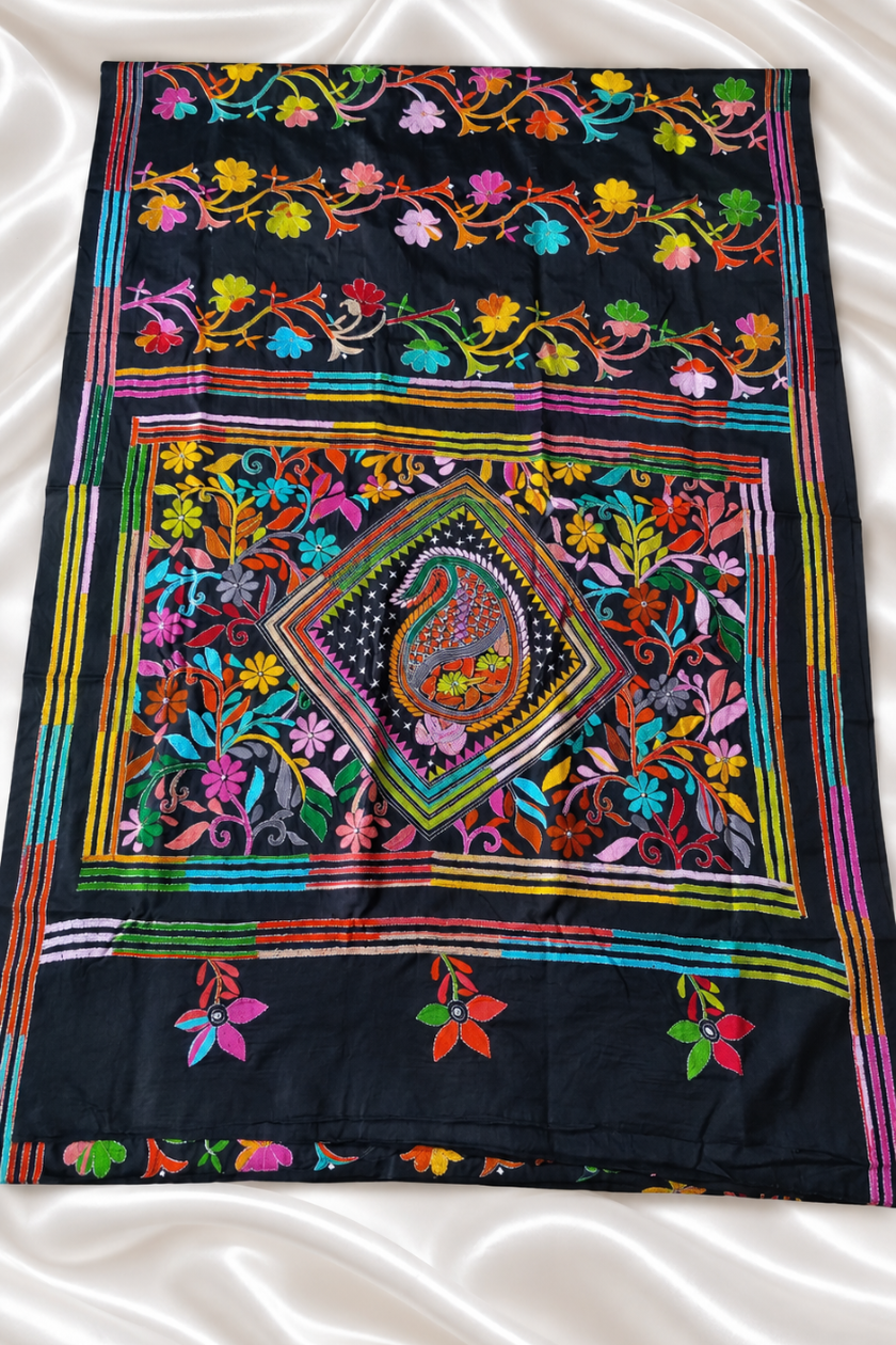 Pure Black Handmade Kantha Embroidery Saree 1