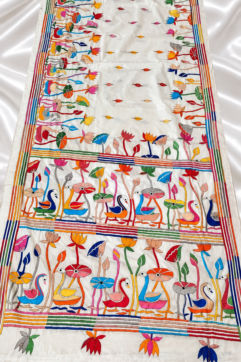 Pure White Handcrafted Kantha Embroidery Saree