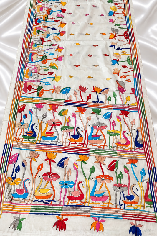 Pure White Handcrafted Kantha Embroidery Saree