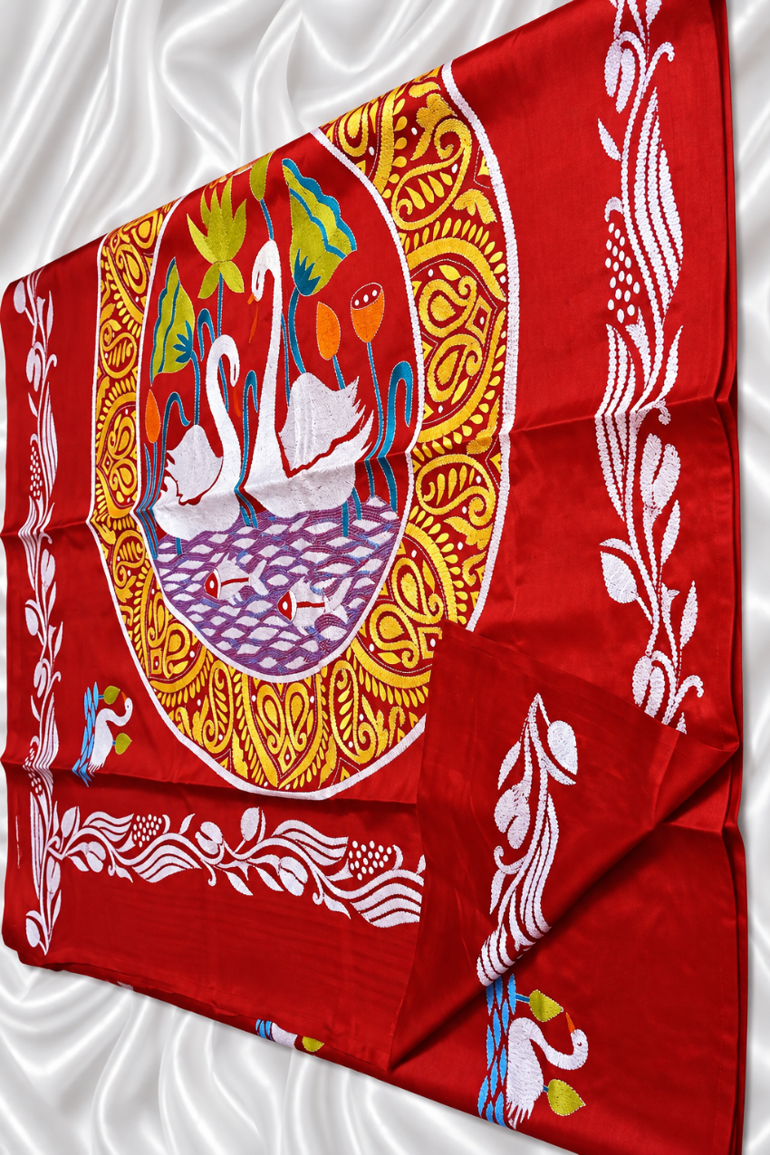 Red exclusive designer pure handmade kantha stitch saree1