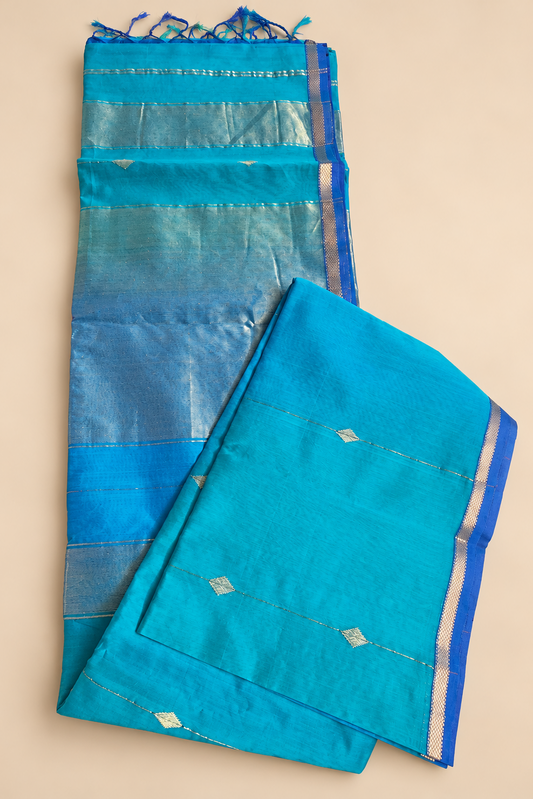 Teal Blue Green Dual Tone Handwoven Pure Maheshwari Saree