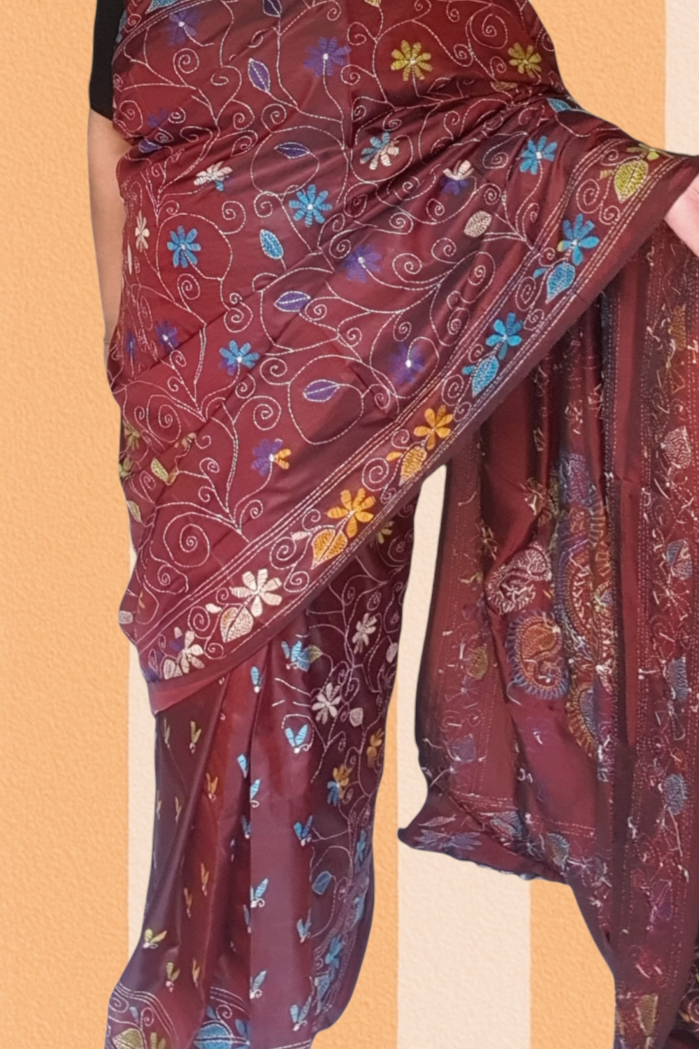 hand kantha stitch maroon saree