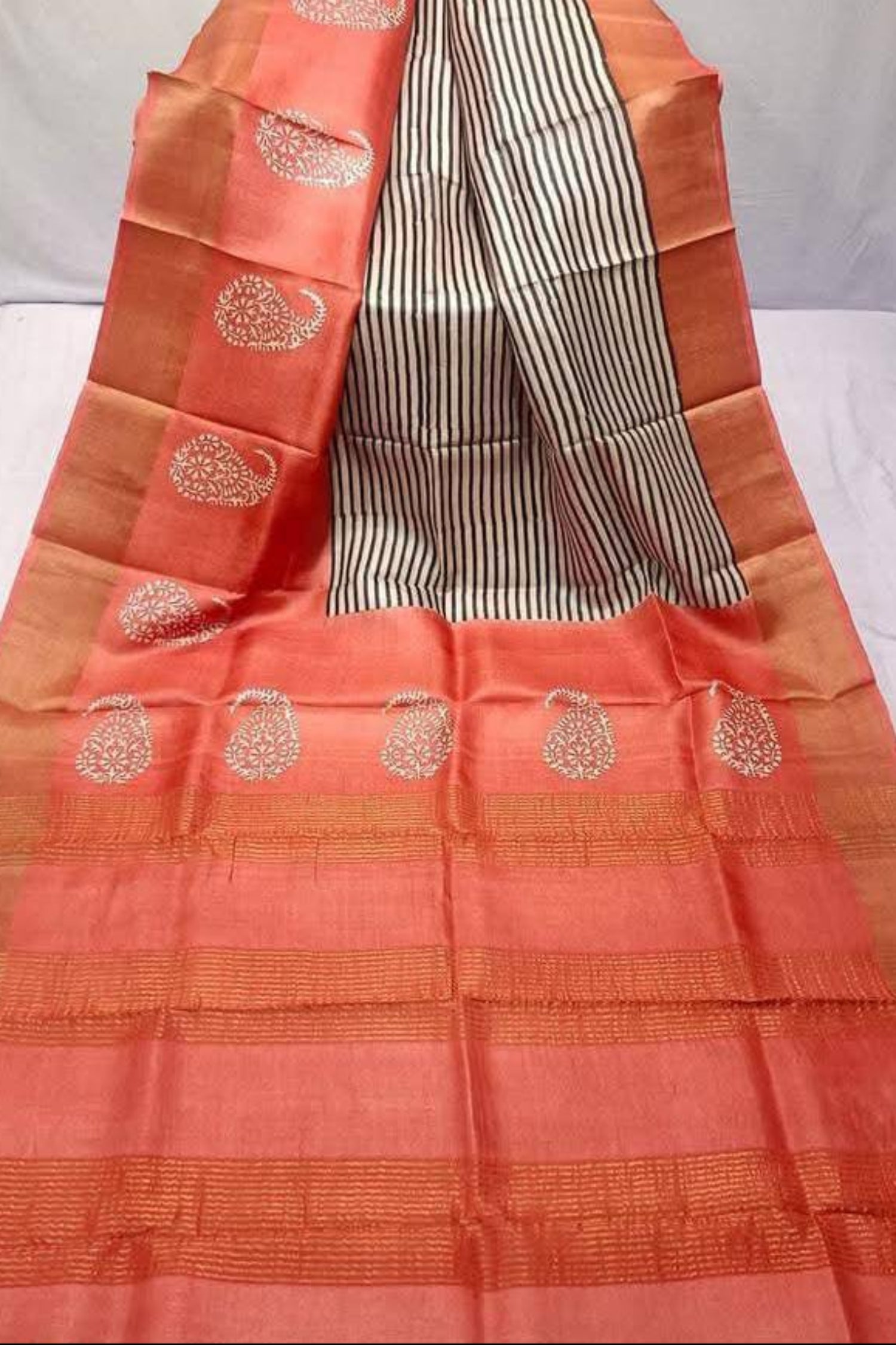 orange black  strip pure handloom tussare saree