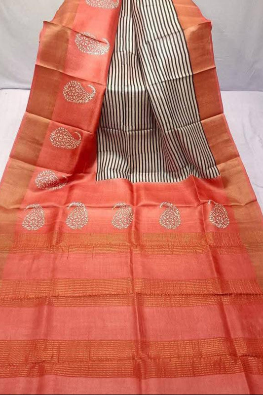 orange black  strip pure handloom tussare saree