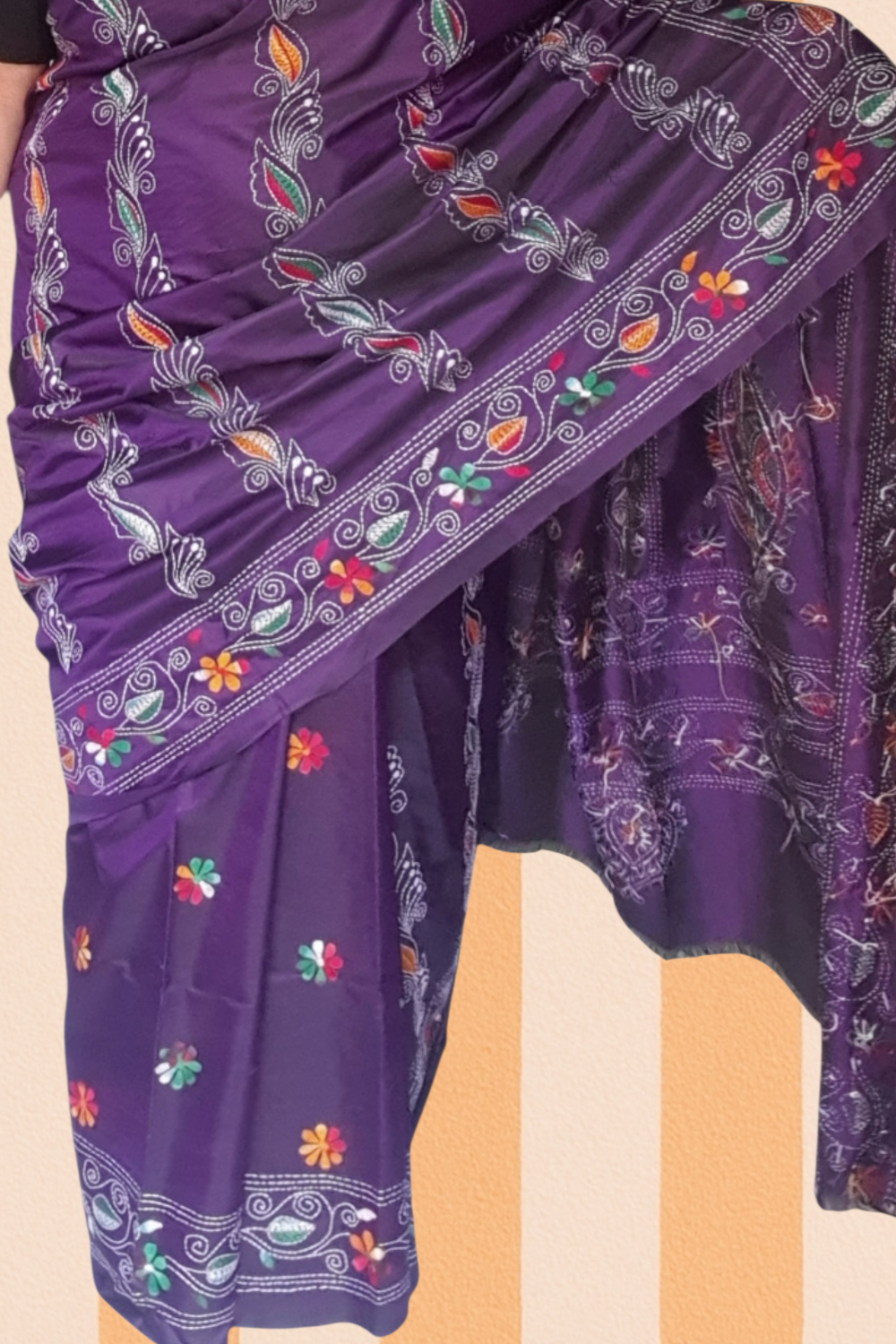violet hand stitch kantha saree