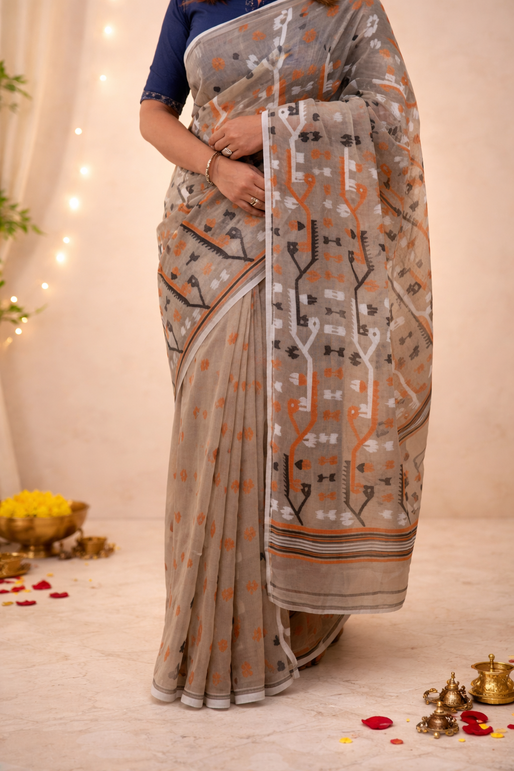 beige jamdani saree on cotton saree
