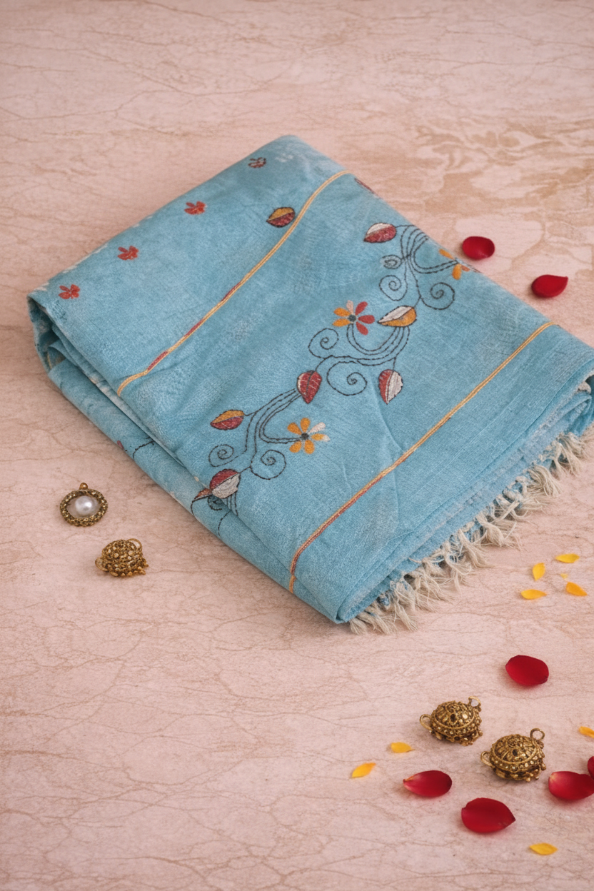 kantha sitch embroidery on blue cotton 