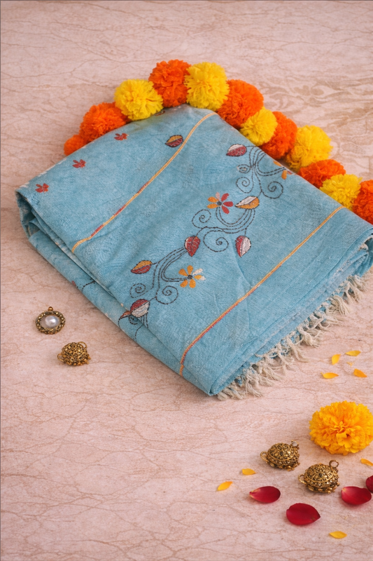 kantha sitch embroidery on blue cotton 
