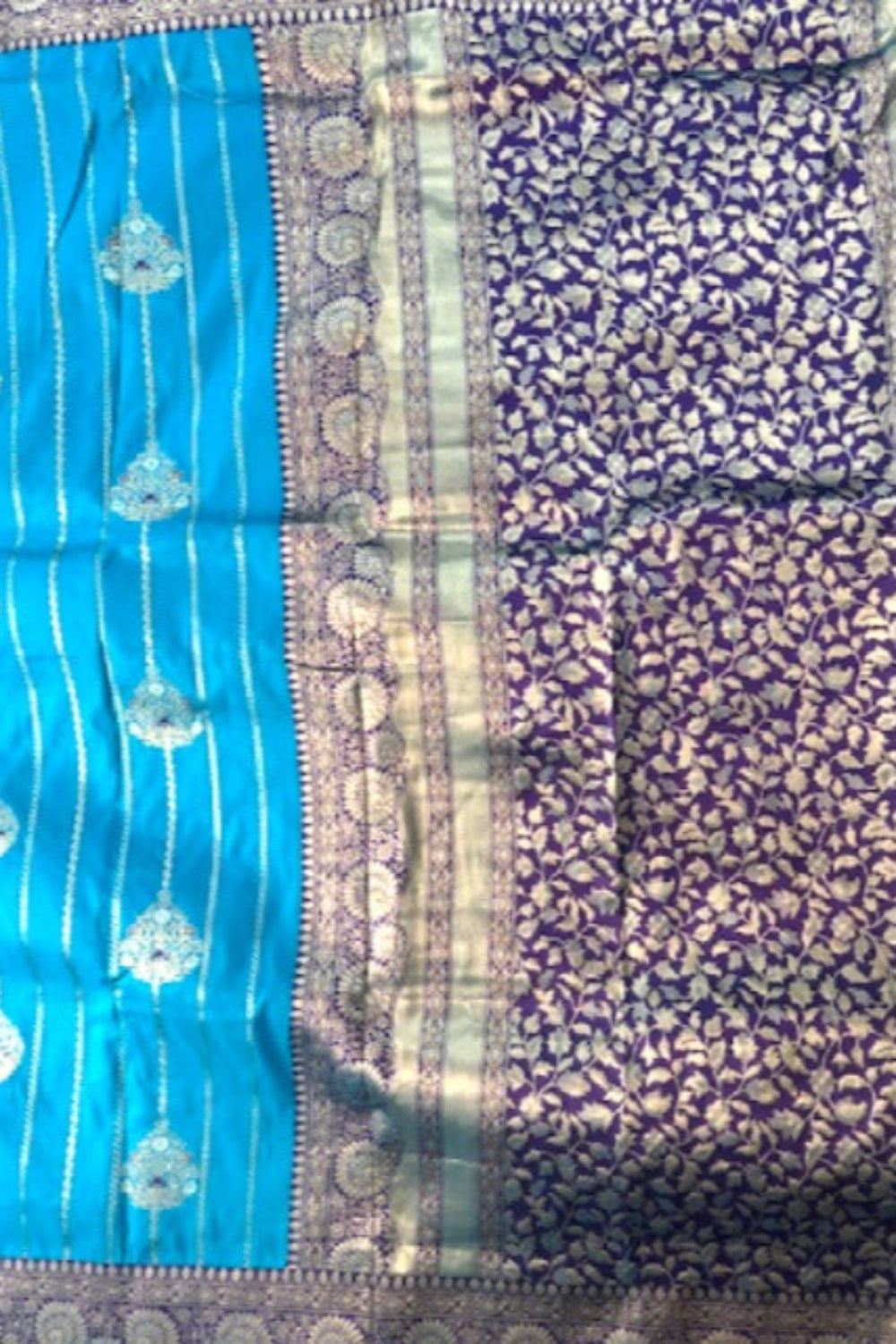 blue saree with golden border embroidery