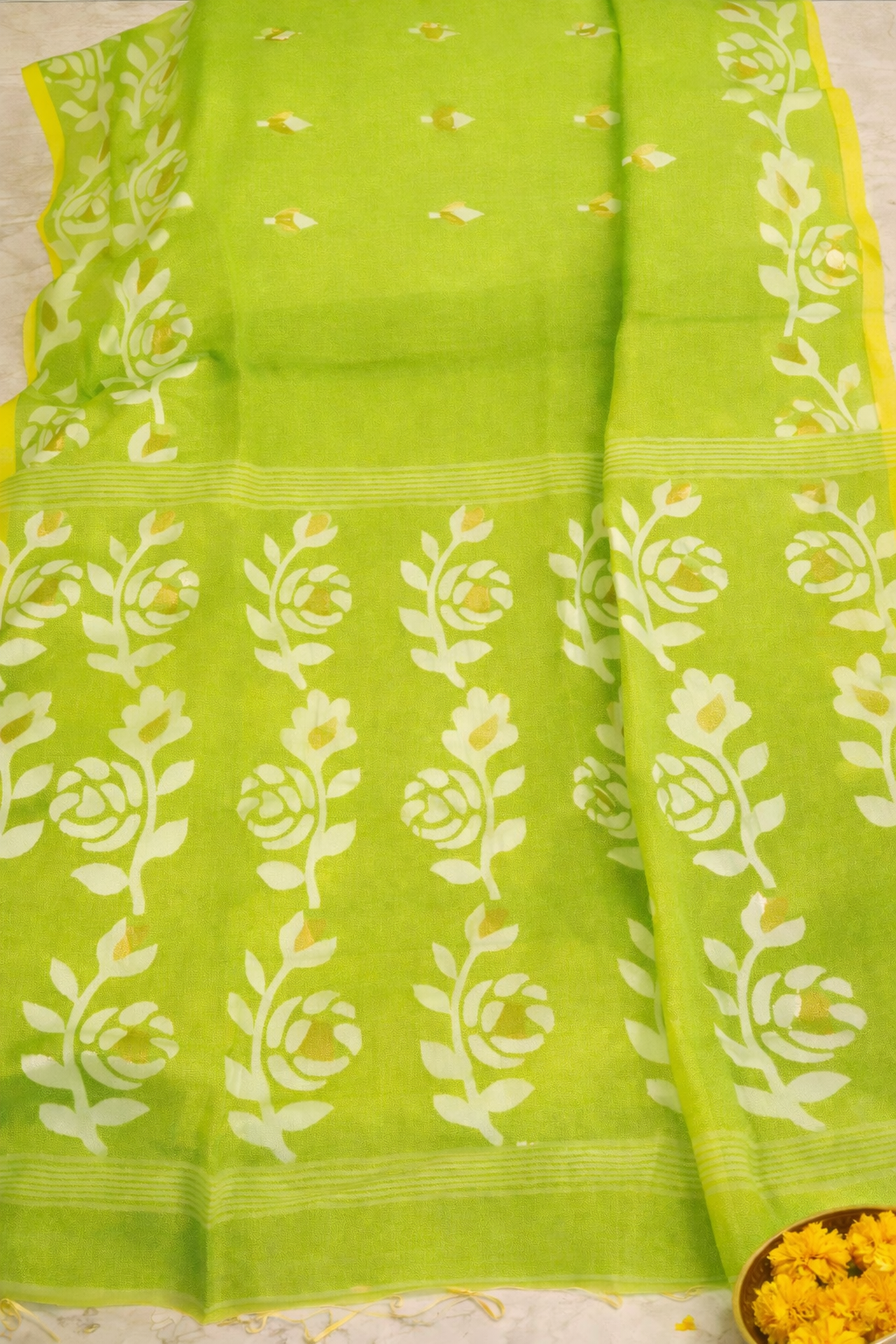 parrot green muslin sik handloom