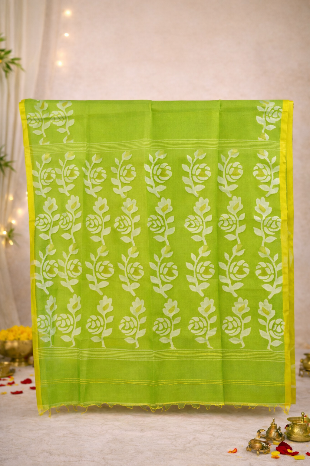 parrot green muslin silk saree