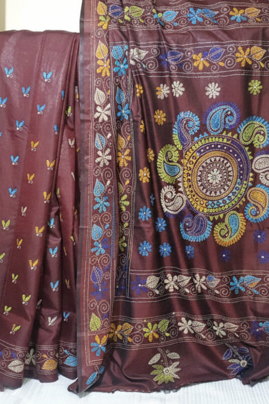 maroon hand kantha stitchg saree