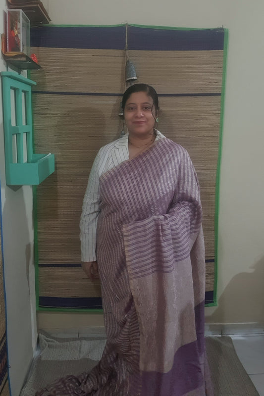 Purple Silver Strip Pure Luxury Banarasi Tissue
