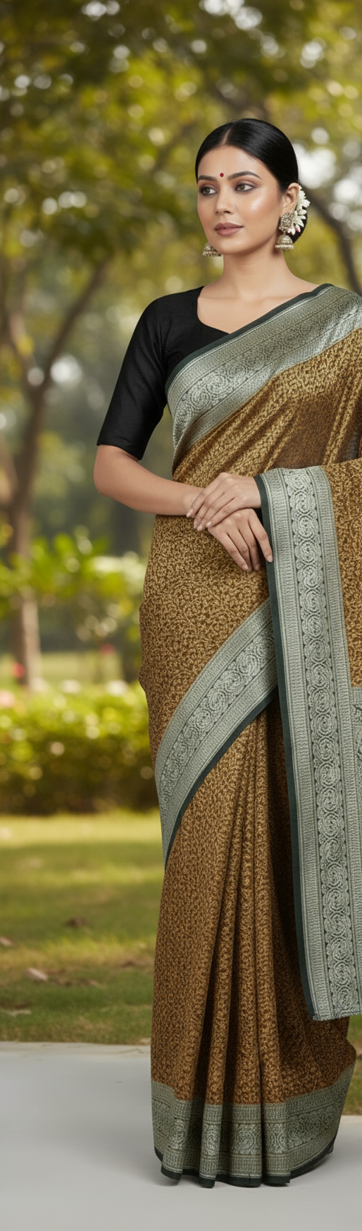 Mustard Yellow Leaf on Black Pure Luxury Banarasi Val Kalam