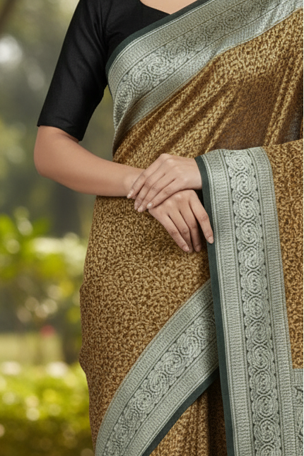 Mustard Yellow Leaf on Black Pure Luxury Banarasi Val Kalam