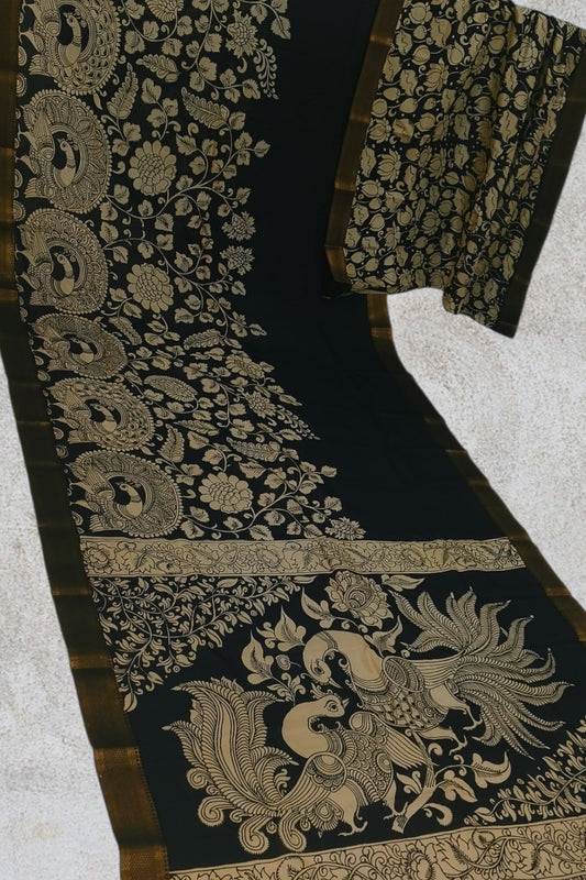 Kalamkari Hand painted Pure Mangalgiri Silk Saree KM01