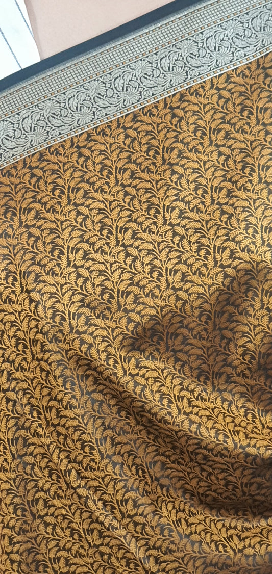 Mustard Yellow Leaf on Black Pure Luxury Banarasi Val Kalam