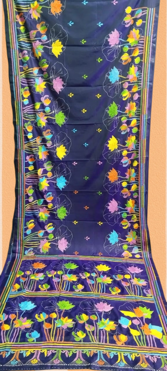 Blue Hand Kantha Stitch Saree