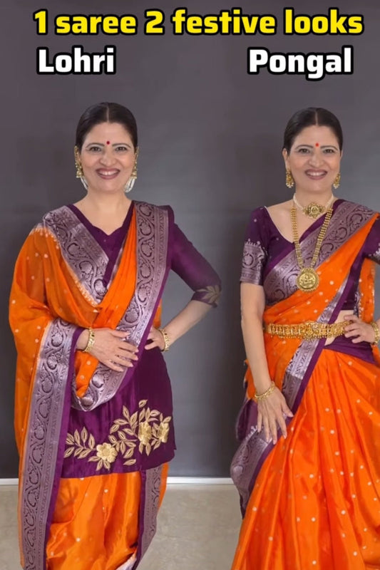 Heena Gehani Orange soft warm katan saree