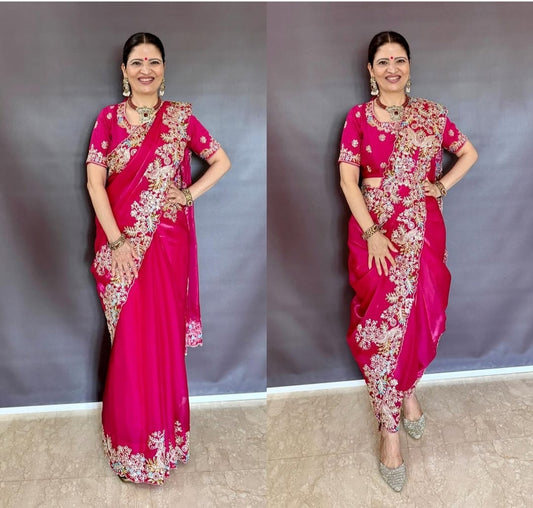 Rani Pink Satin Tissue Saree - Heena Mam