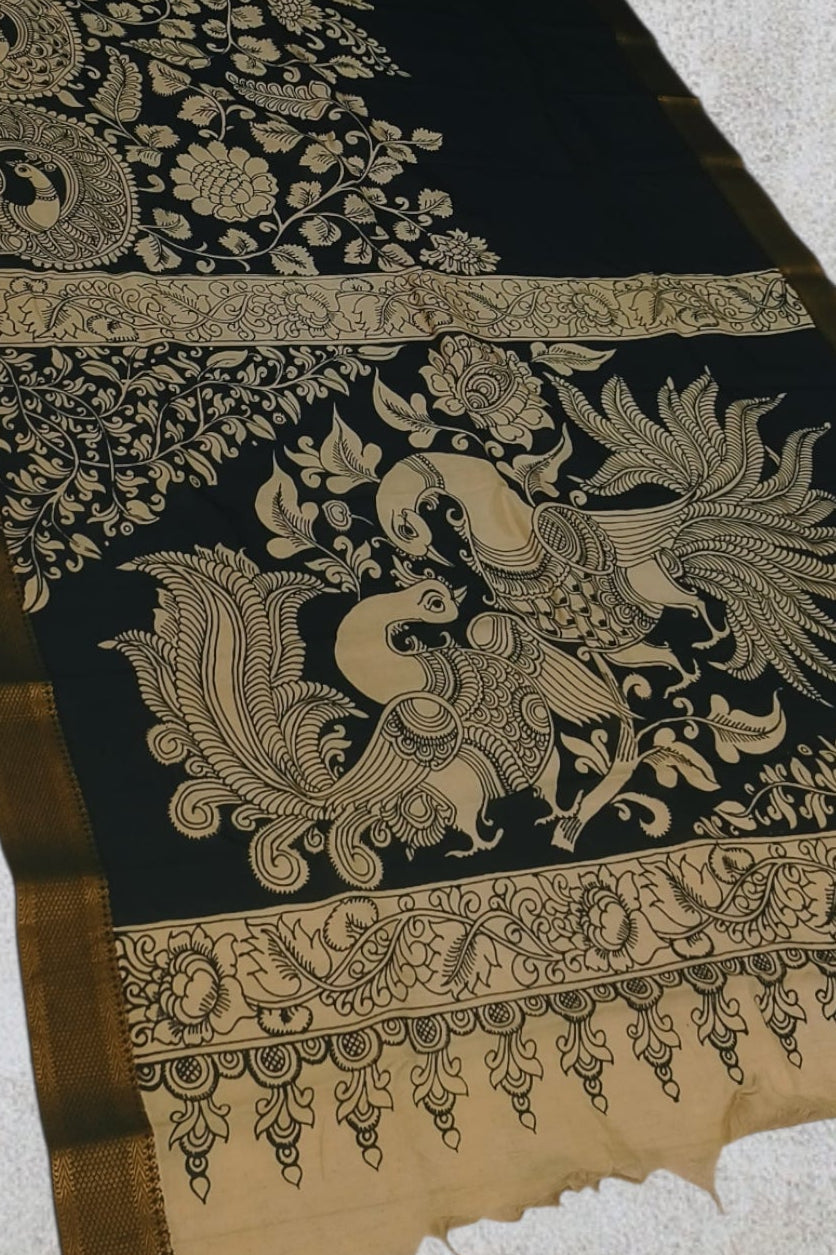 Kalamkari Hand painted Pure Mangalgiri Silk Saree KM01