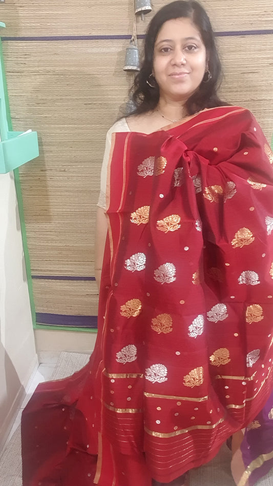 Deep Maroon Red Pure Chanderi Cotton Silk
