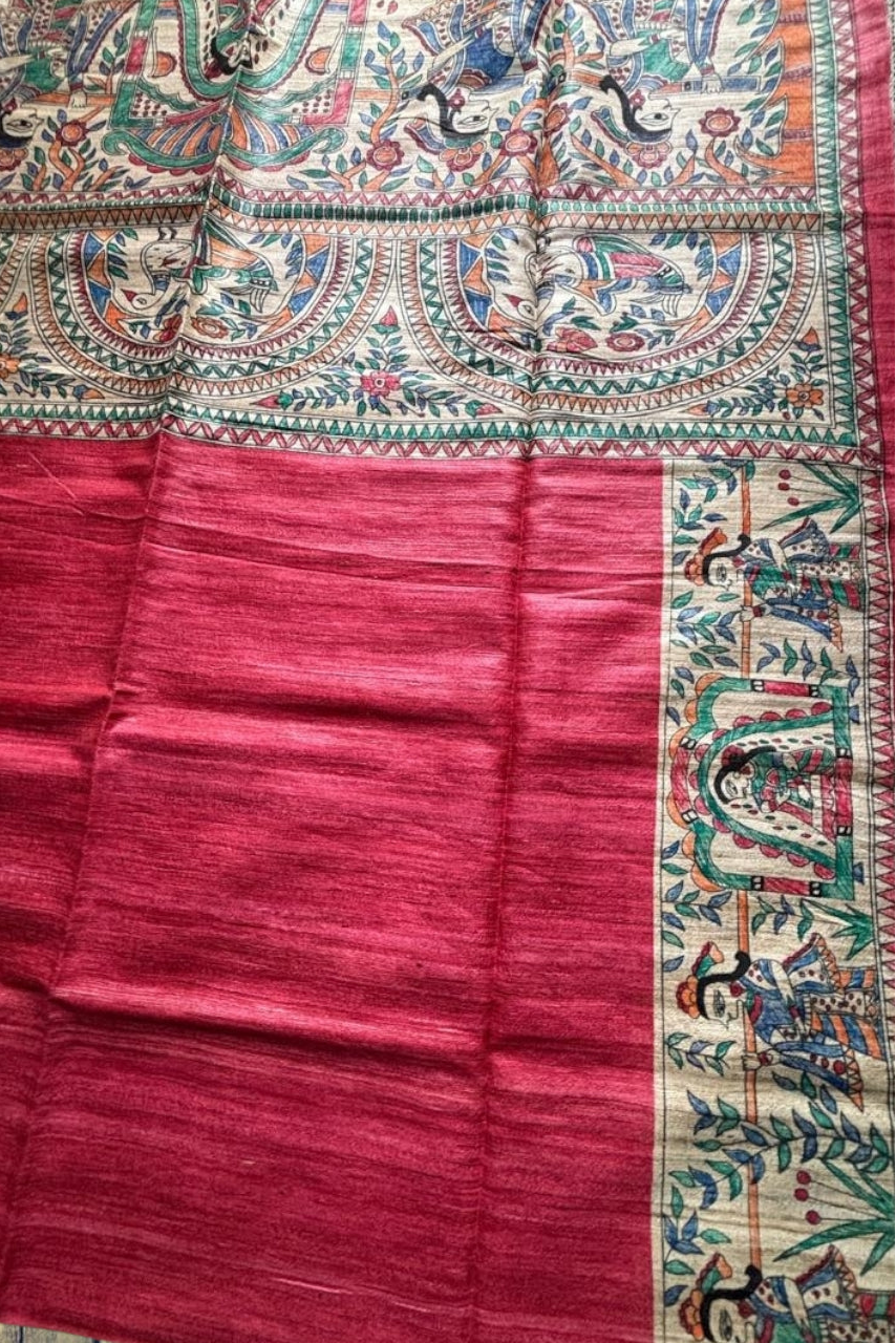 Reddish Pink pure handloom tussar silk saree