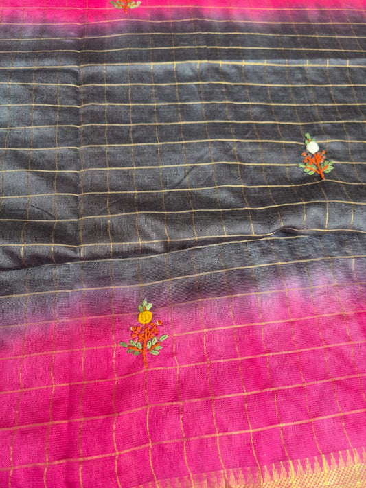 Bullion knot embroidery Black Rani Pink Bhagalpuri