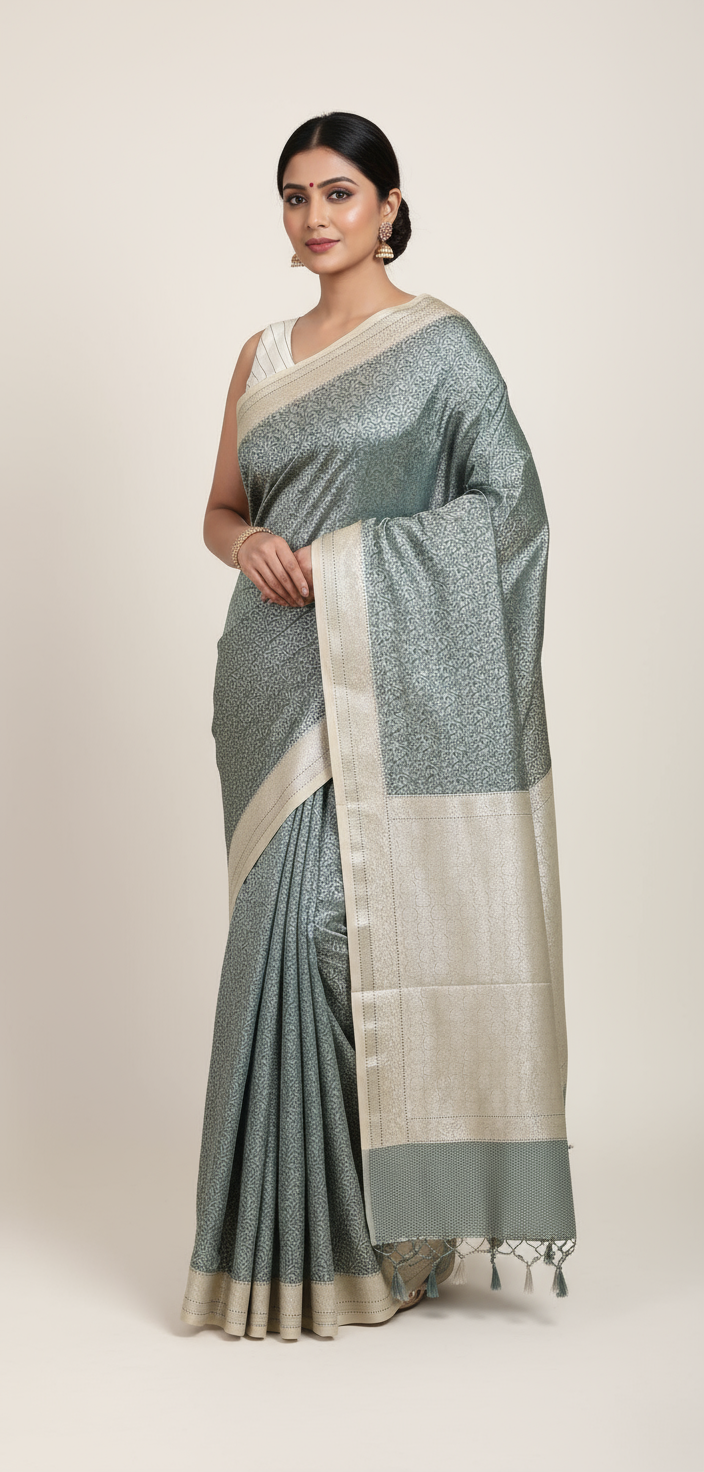 Green Leafs on Silver Pure Luxury Banarasi Val Kalam