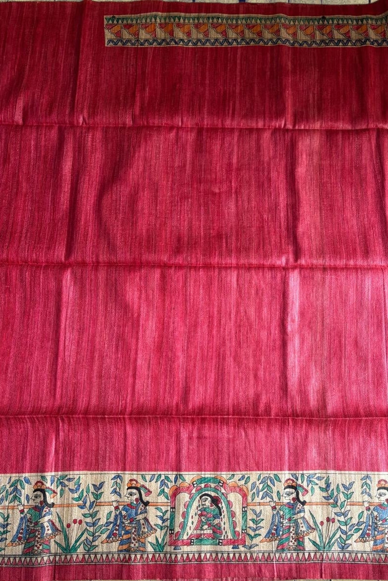 Reddish Pink pure handloom tussar silk saree