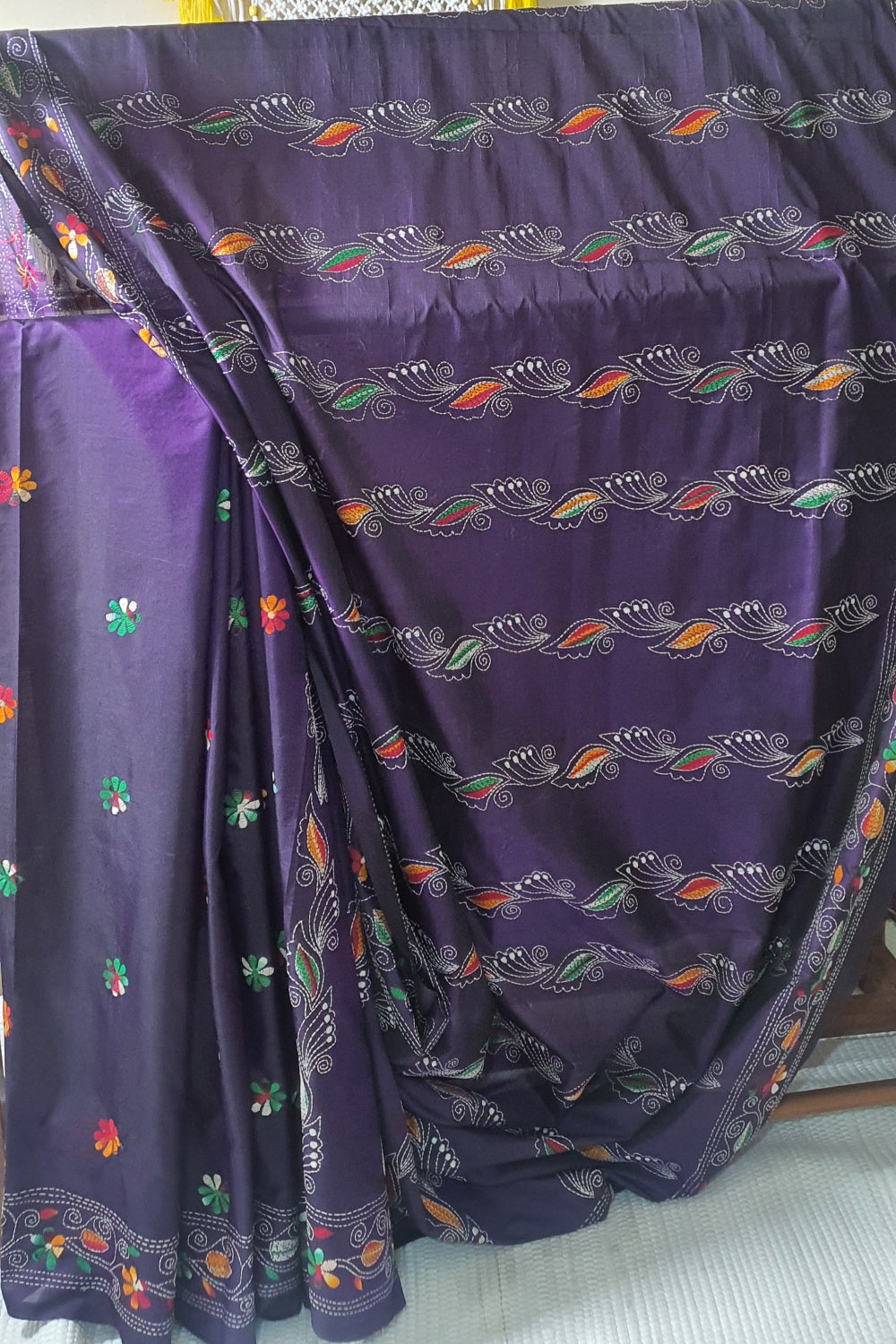 violet kantha hand stitch saree