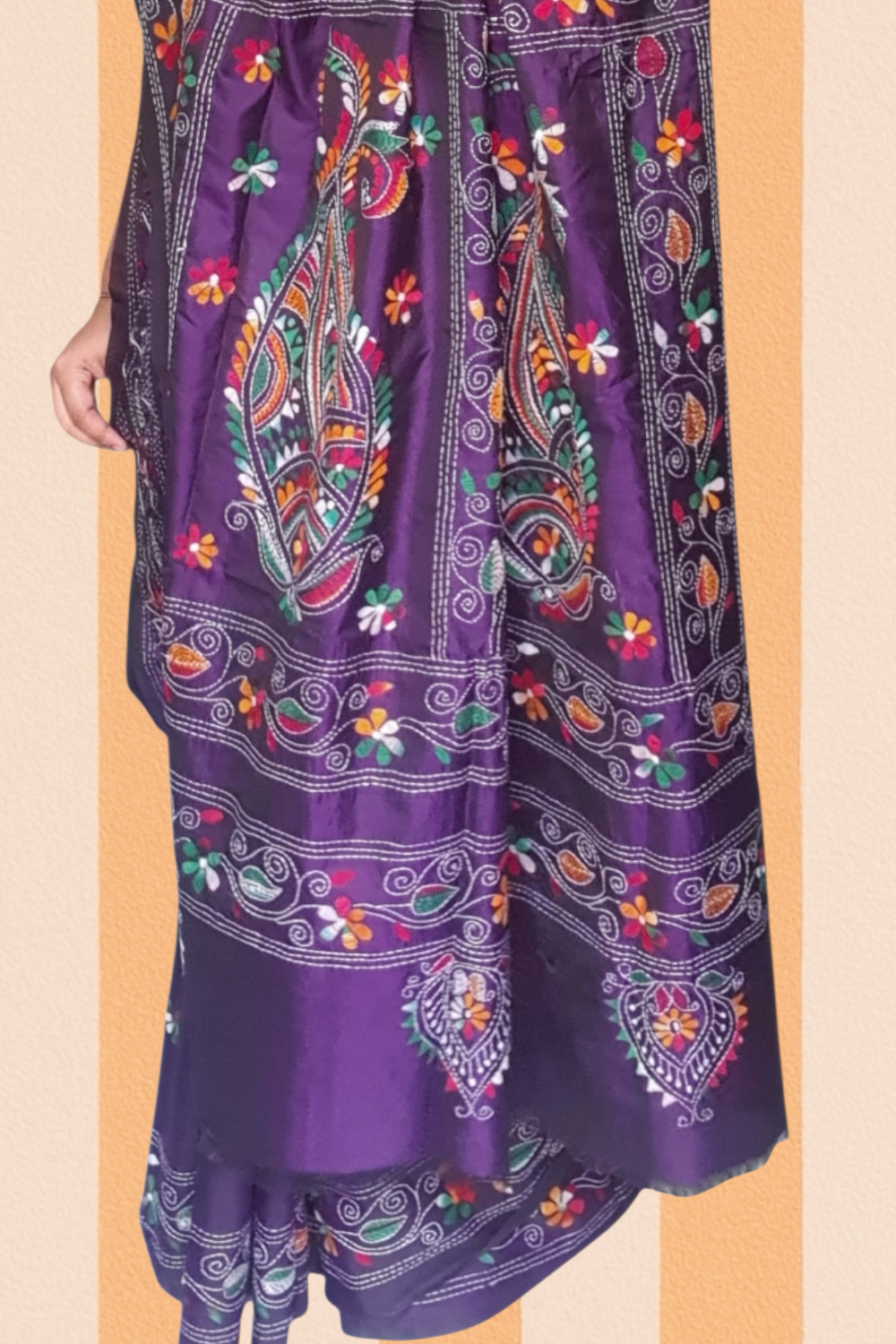 violet kantha hand stitch saree